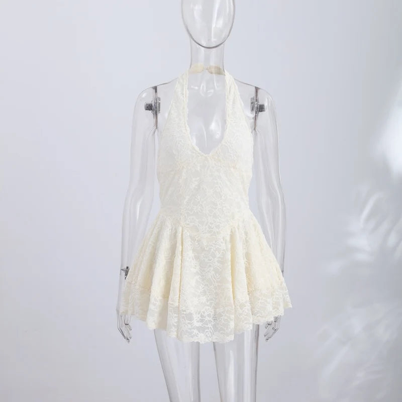 Zilpah Lace Halter V-Neck A-Line Mini Dress