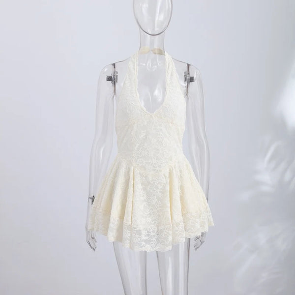 Zilpah Lace Halter V-Neck A-Line Mini Dress