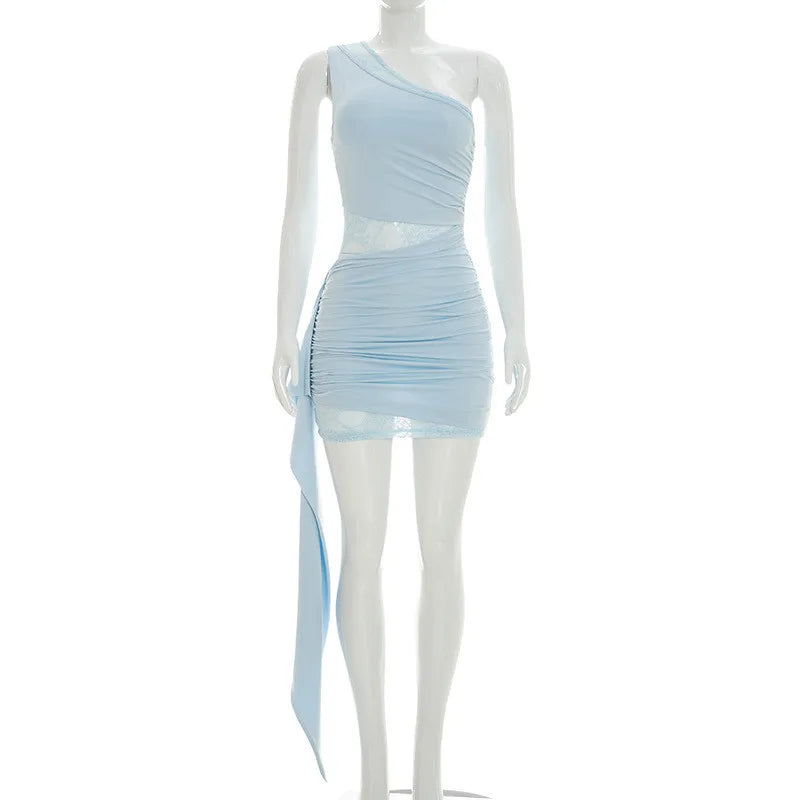 hirigin Elegant Women One Shoulder Lace Patchwork Mini Dress Ruched Bodycon with Sash Detail Summer Party Club Cocktail Events