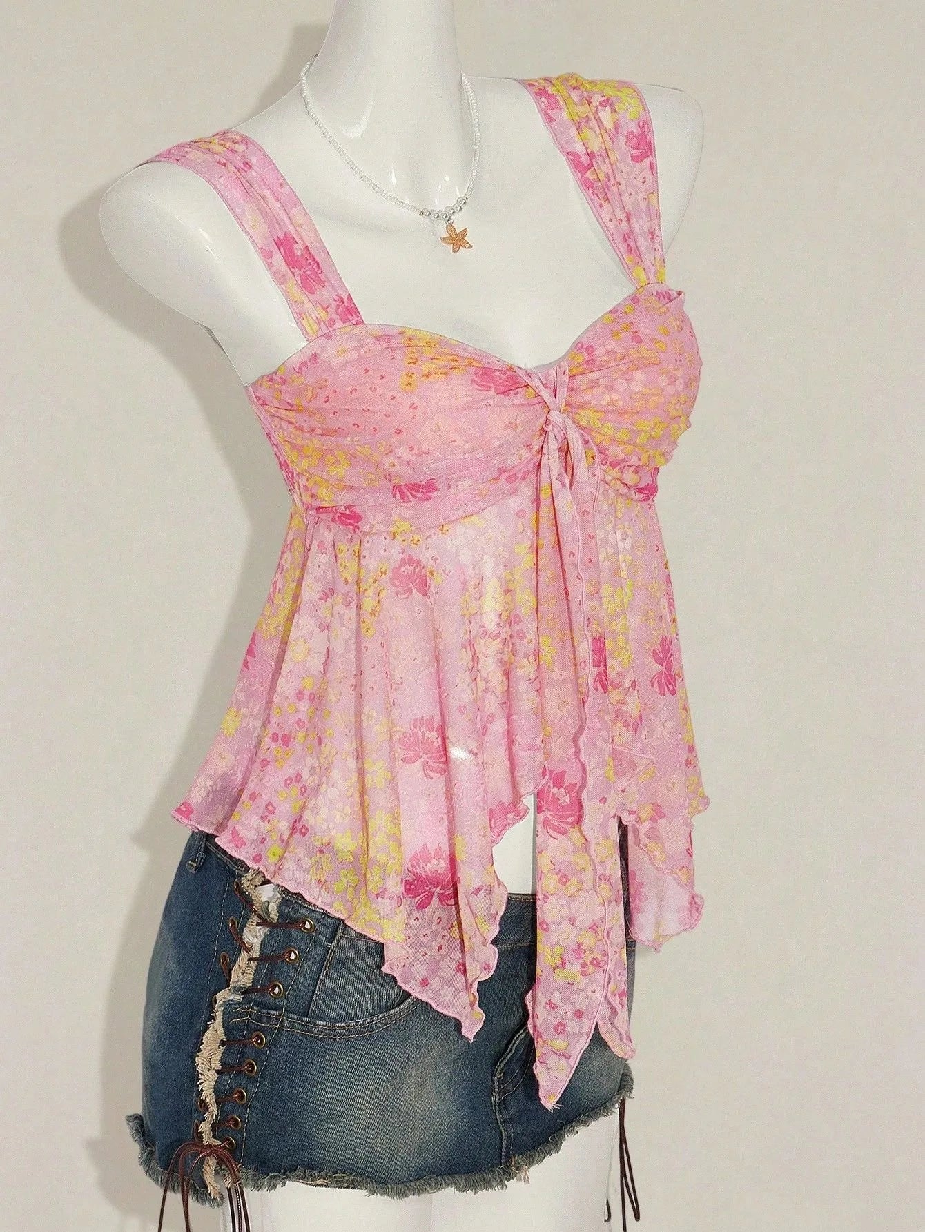 Poppy V-Neck Bow Sheer Camisole Crop Top One-piece