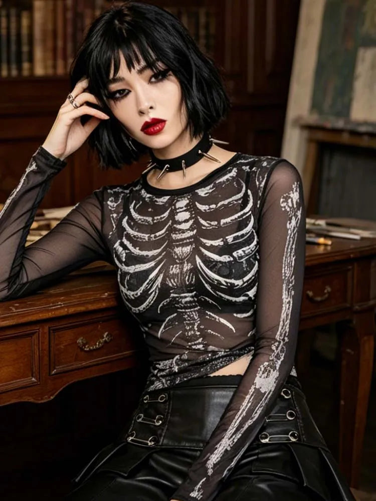 Morticia Skeleton Print Sheer Mesh Long-Sleeve Top One-piece