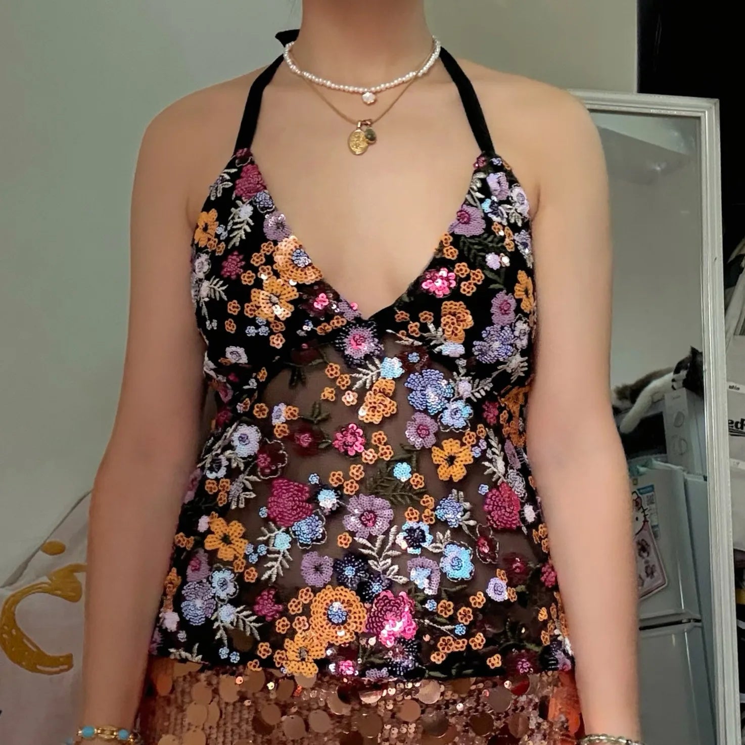 hirigin Sequin Halter Top for Women Sexy Deep V Neck Beaded Tops Sparkly Glitter Tank Top Going Out Rave Outfits Party Clubwear