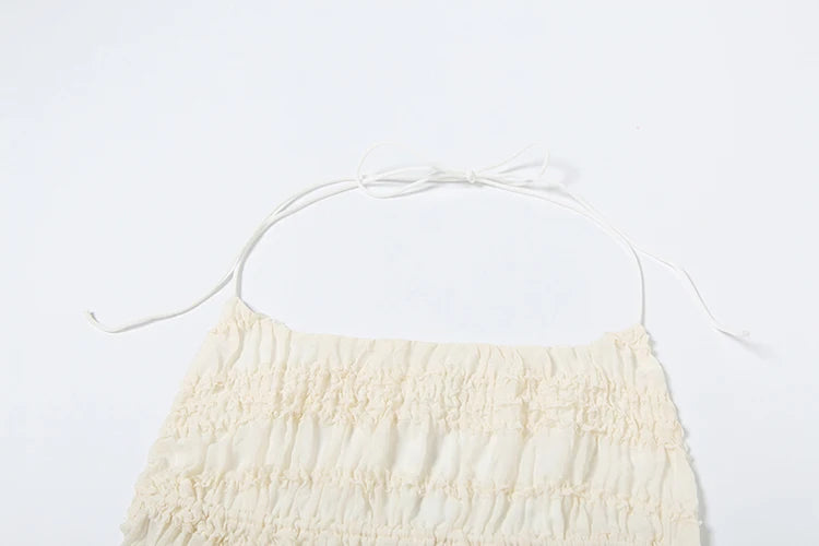 Oksana Sheer Crinkle Mesh Halter Lace-Up Crop Top & Maxi Skirt Two-piece