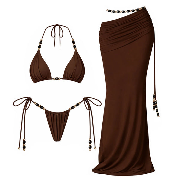 Beads 3Pcs Green Bikini Sexy Women Bandeau Biquini Female Swimsuit Push Up Swimwear Mesh Skirt Bathing Suits Cover Up Beachwear