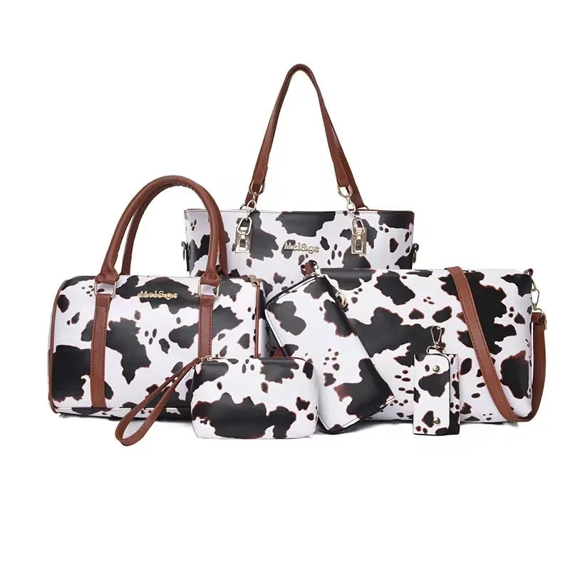 6-piece PU Fashion Cow-pattern Tote Bag Set, Including Women's Shoulder Bags, Crossbody Bags and Anti-wrinkle Handbags