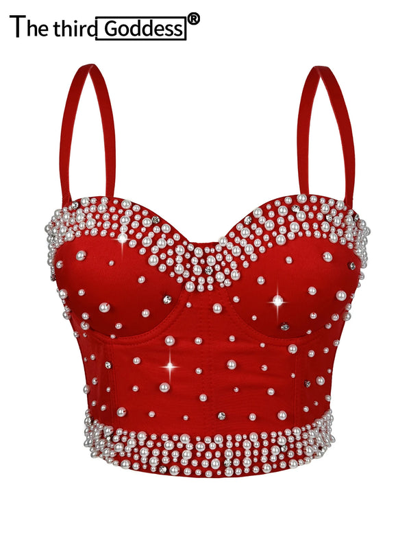 Sexy pearl rhinestone corset crop top women summer club party tops for woman clothes cropped halter tank top hotwife streetwear