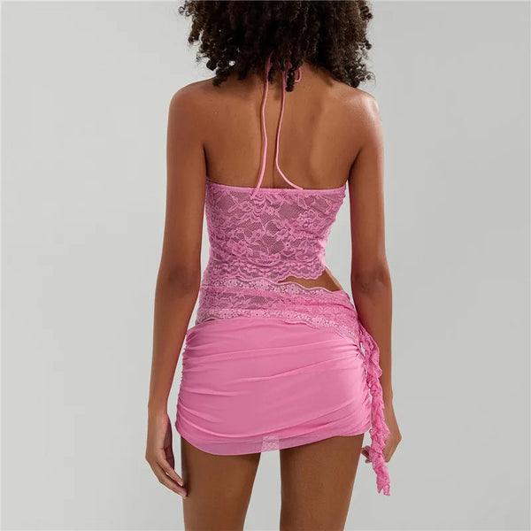 hirigin Sexy Lace Two Piece Set Women Outfit Halter Neck Backless Crop Top And Bodycon Mini Skirt Female Club Party Dress Sets