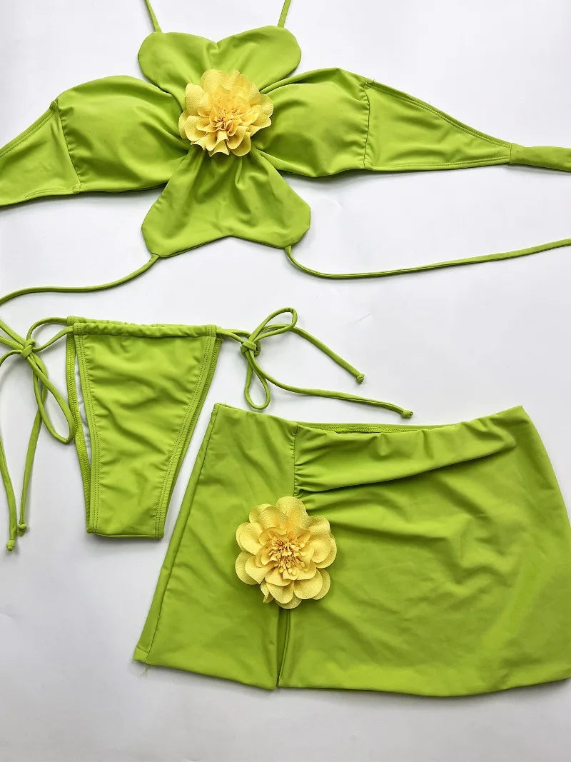 Temperance 3D Flower Halter Bikini & Skirt Three-piece