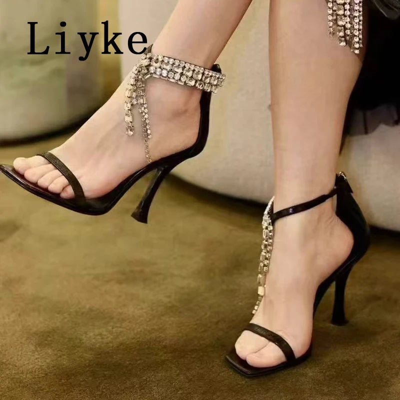 Liyke 2026 New Fashion Crystal Tassels Woman Sandals Sexy Ankle Zip Cover Strap Rhinestone High Heels Wedding Party Shoes Women