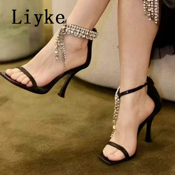 Liyke 2026 New Fashion Crystal Tassels Woman Sandals Sexy Ankle Zip Cover Strap Rhinestone High Heels Wedding Party Shoes Women
