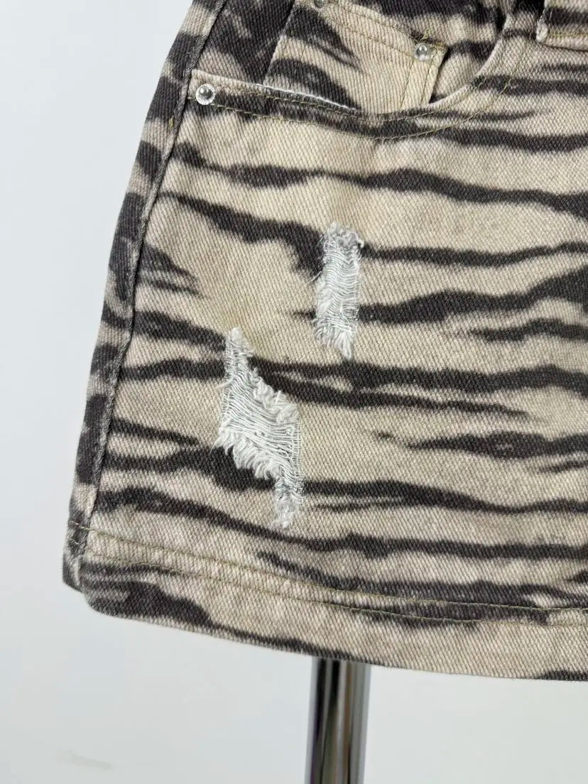 Henrike Zebra Print Distressed Denim A-Line Mini Skirt One-piece