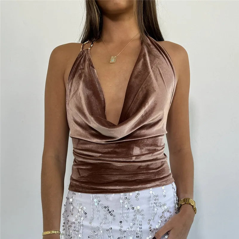 hirigin Velvet Sleeveless Shirt Vest Y2K Coquette Swing Collar Halter Camis Club Party Women Sexy Backless Tie Up Crop Tops