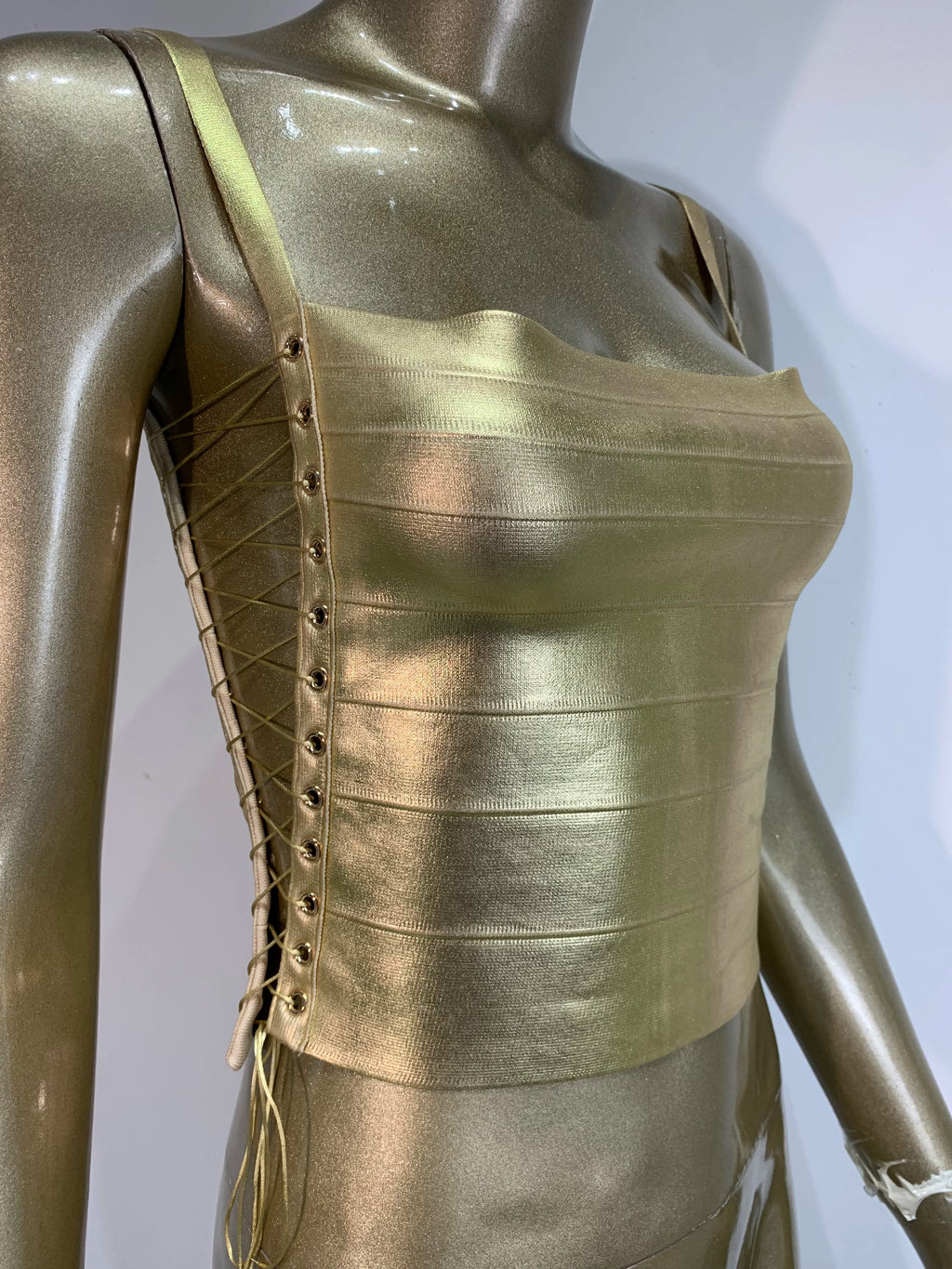 Women Summer Sexy Lacing Bronzing Gold Silver Bodycon Bandage Tops Celebrity Designer Fashion High Street Top