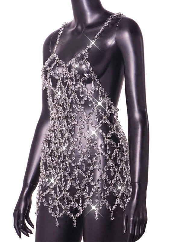 Gilda Clear Crystal Chain See-Through Lingerie Slip Mini Cover-Up