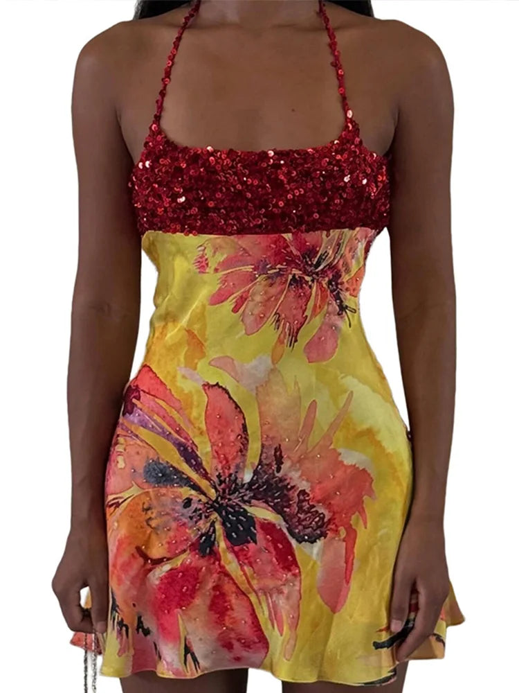 Alessia Sequin Print Halter Mini Dress