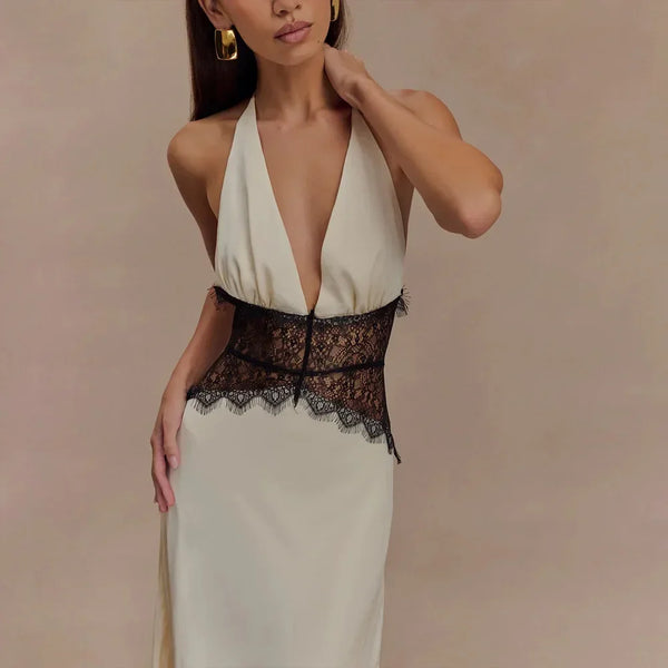 Pervinca Lace-Panel Satin Plunge Halter Backless Maxi Dress