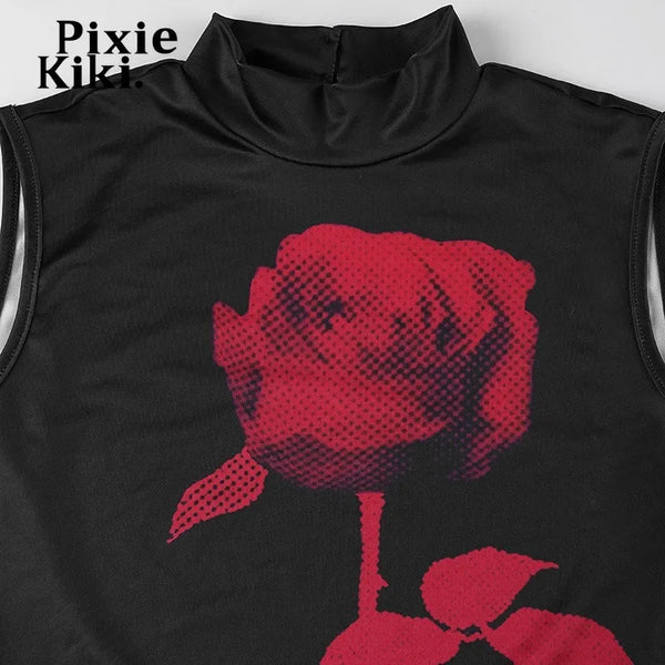 PixieKiki Rose Print Black Gothic Dress Dark Academia Sleeveless Backless High Split Long Dresses Woman Clothes P65-EE24