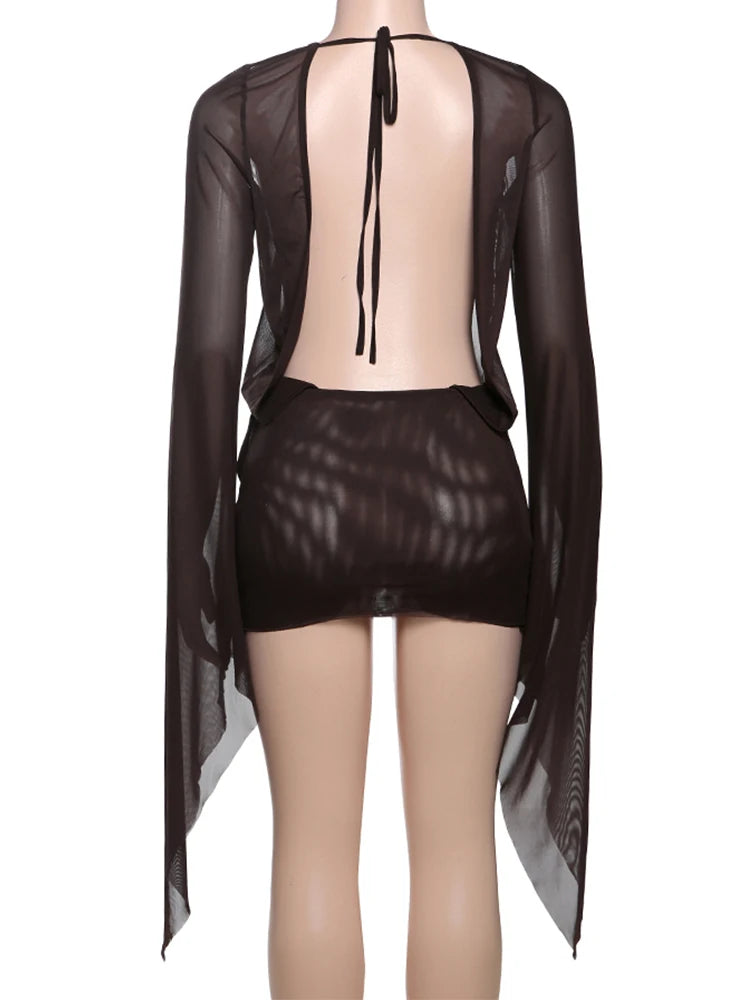 Ilvana Sheer Mesh Plunge Wrap Bell-Sleeve Backless Mini Dress