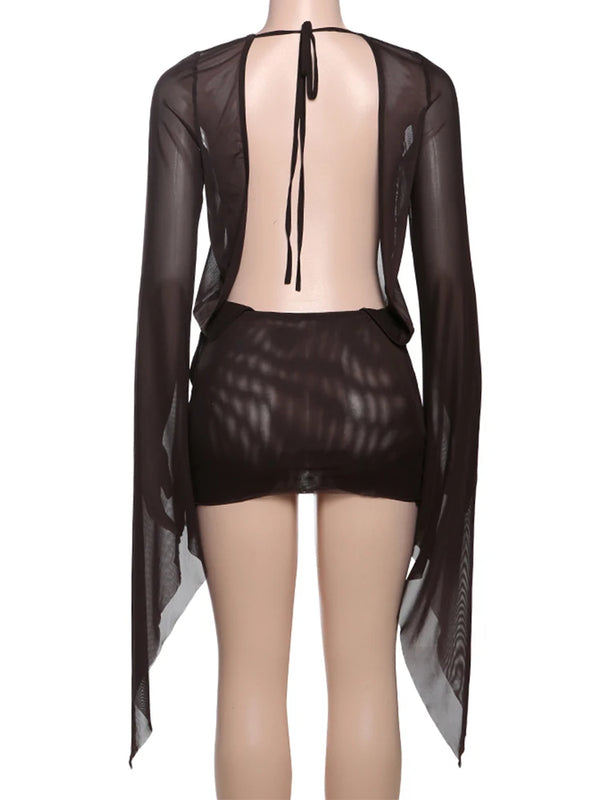 Ilvana Sheer Mesh Plunge Wrap Bell-Sleeve Backless Mini Dress