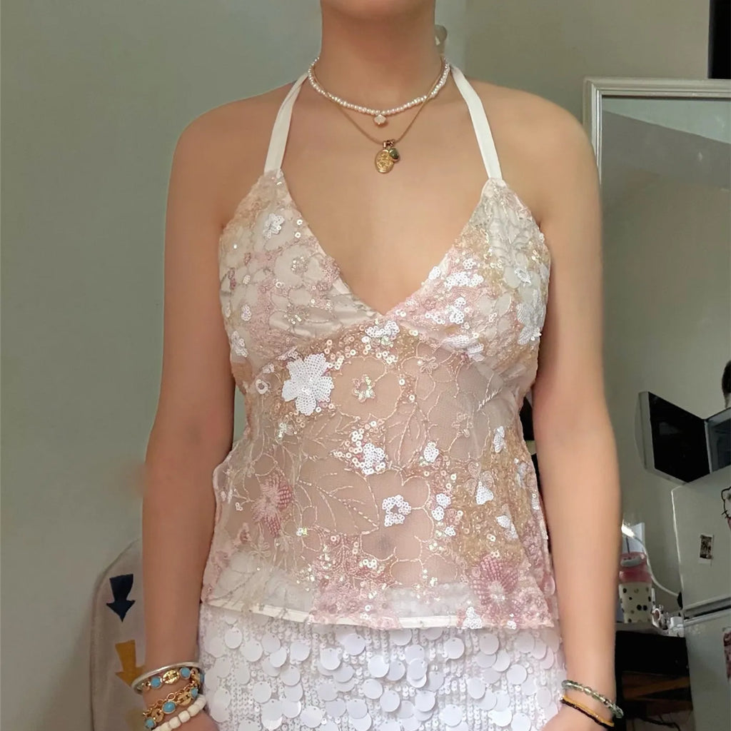 hirigin Sequin Halter Top for Women Sexy Deep V Neck Beaded Tops Sparkly Glitter Tank Top Going Out Rave Outfits Party Clubwear