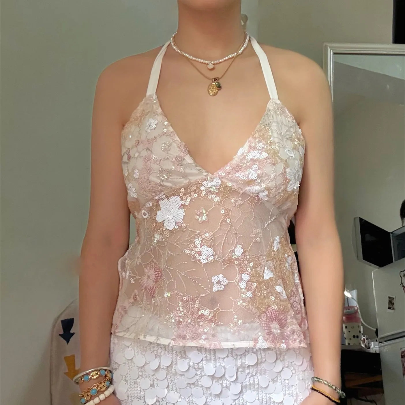 hirigin Sequin Halter Top for Women Sexy Deep V Neck Beaded Tops Sparkly Glitter Tank Top Going Out Rave Outfits Party Clubwear
