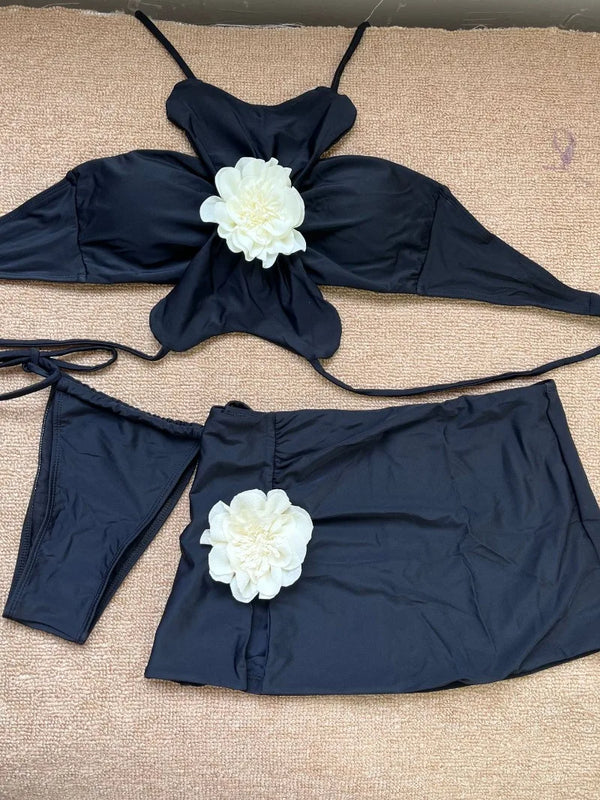 Temperance 3D Flower Halter Bikini & Skirt Three-piece