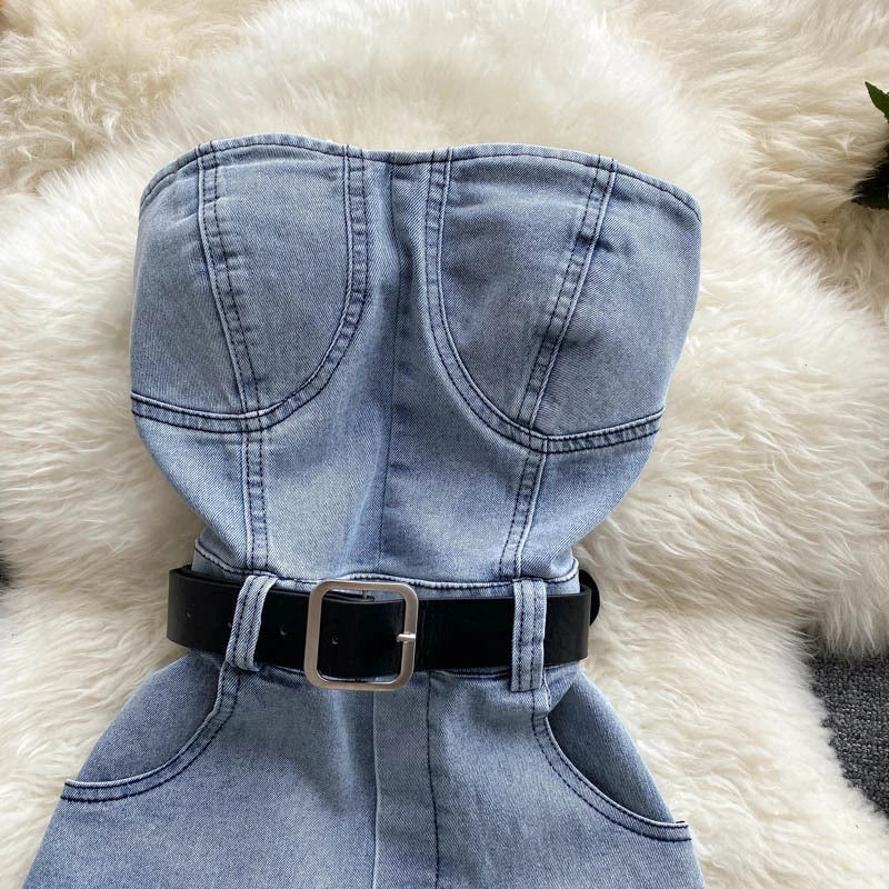 Petra High-Waist Denim Shorts Jumpsuit One-piece
