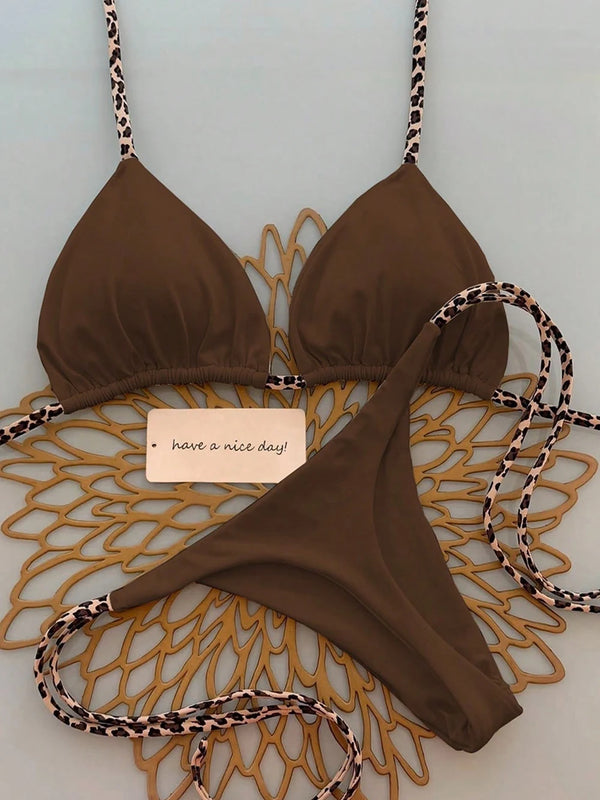 Women's Sexy Solid Halter Bikini Set Lace-Up Low Waist Two-Piece Triangle Thong Swimwear Leopard Tie On Side Brazilian Biquinis