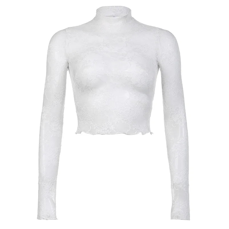 Sexy Lace Blouse Shirts Summer Women Turtleneck Long Sleeve See Through Lace Patchwork Thin Tops XXNWQ-NWMCT01609