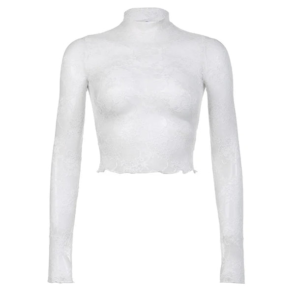 Sexy Lace Blouse Shirts Summer Women Turtleneck Long Sleeve See Through Lace Patchwork Thin Tops XXNWQ-NWMCT01609