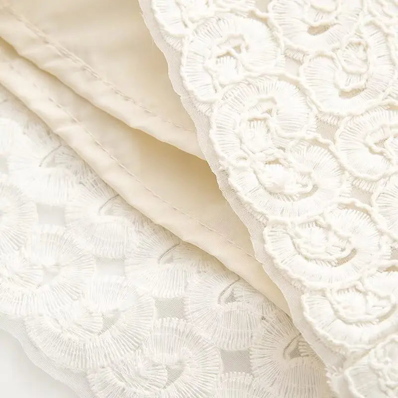 Evangelina Embroidered Lace Bell-Sleeve Tie-Neck Blouse & Mini Skirt Two-piece