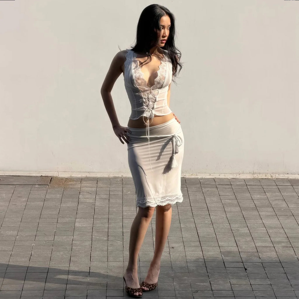 Celine Lace-Trim Deep-V Midi Skirt Set Two-piece