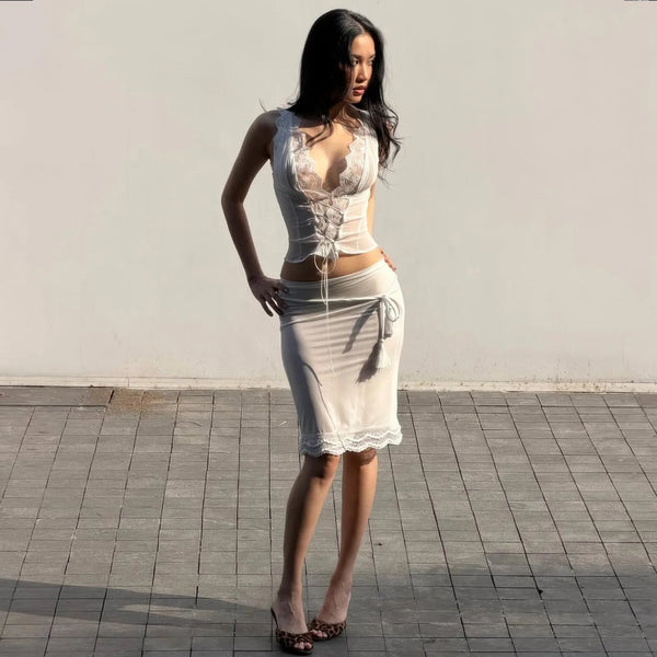 Celine Lace-Trim Deep-V Midi Skirt Set Two-piece
