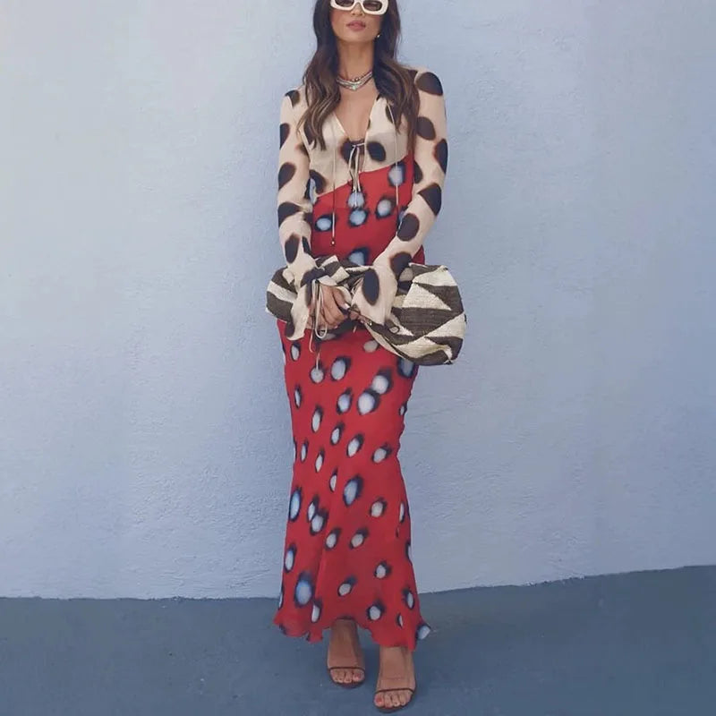 2026 Women Chic Vacation Outfits Fashion Leopard Print Sheer Chiffon Shirt Casual Turn-down Collar Mini Dress & Detachable Scarf