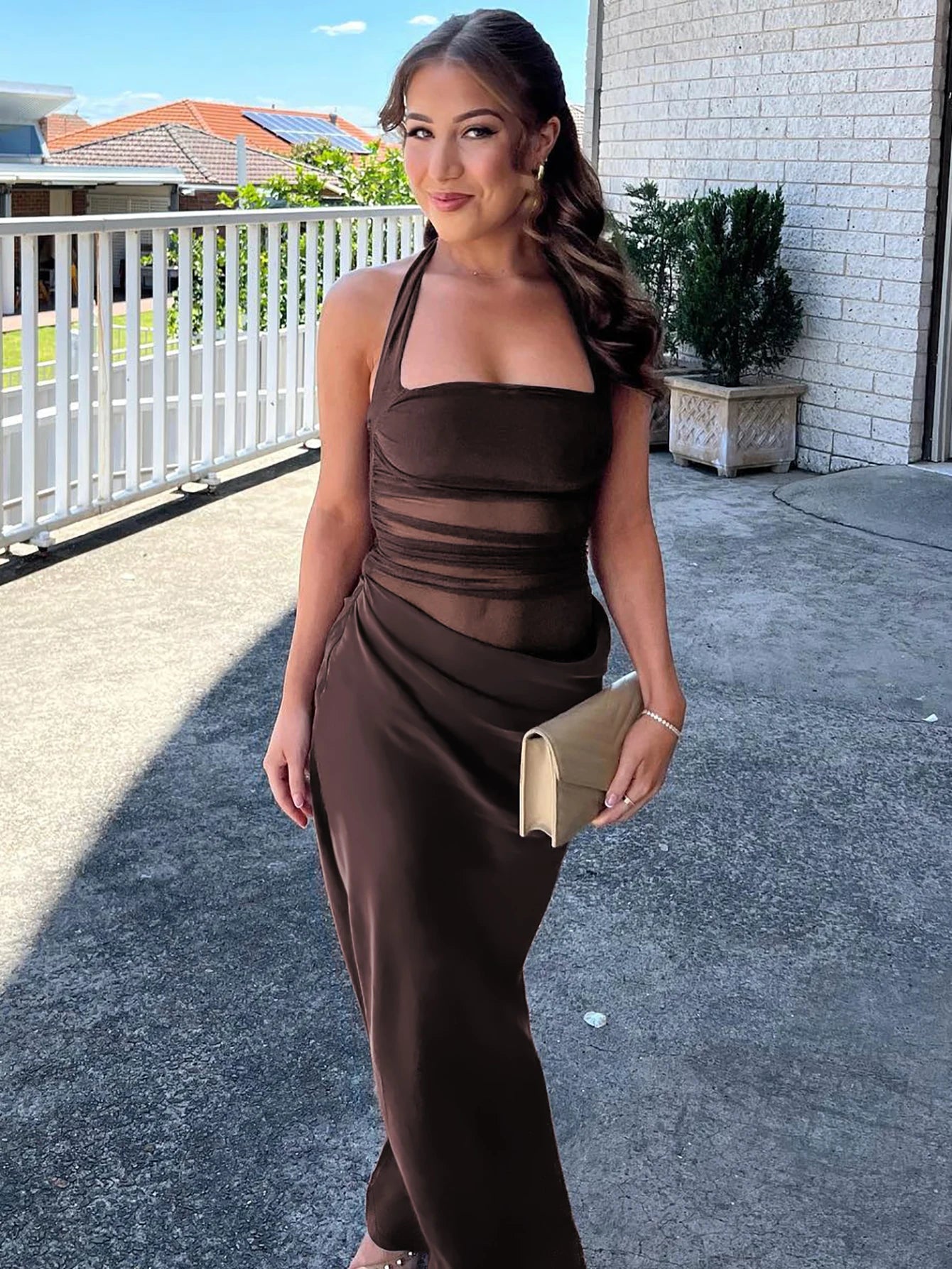 Truffle Sheer-Mesh Ruched Halter Midi Dress