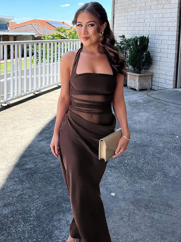 Truffle Sheer-Mesh Ruched Halter Midi Dress