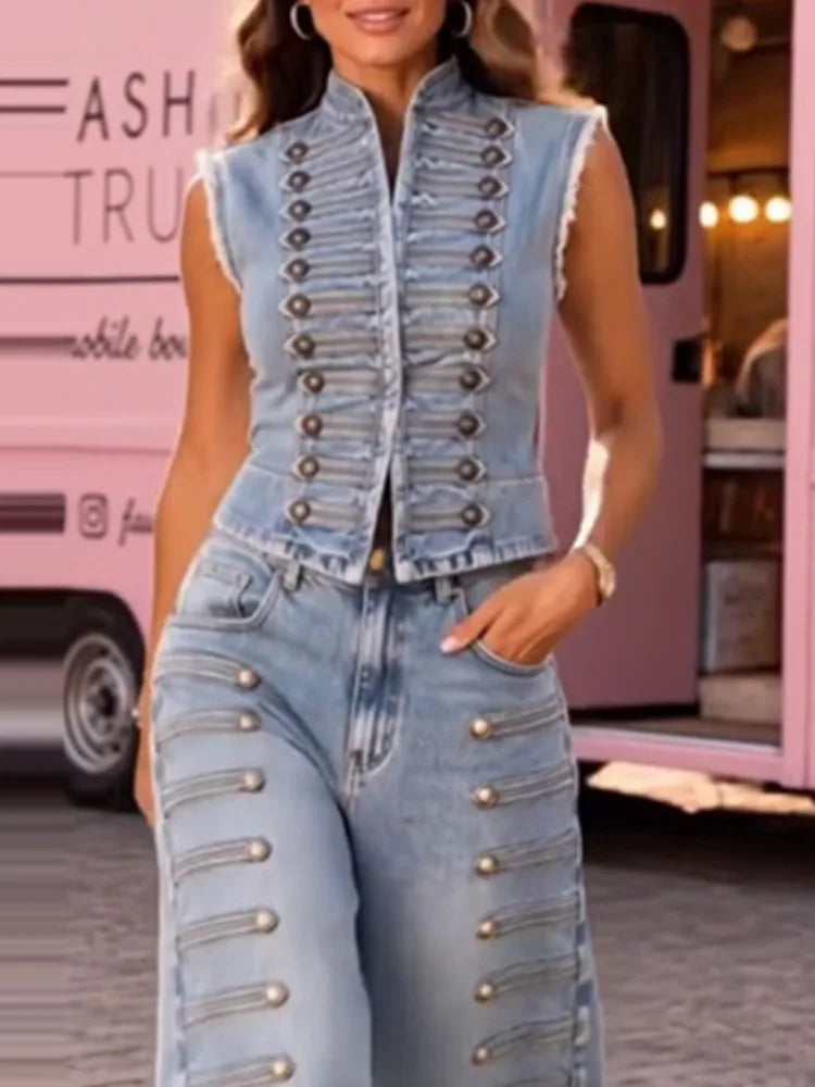 Bronwen Studded Denim Stand-Collar Vest & Wide-Leg Pants Two-piece Secondary image