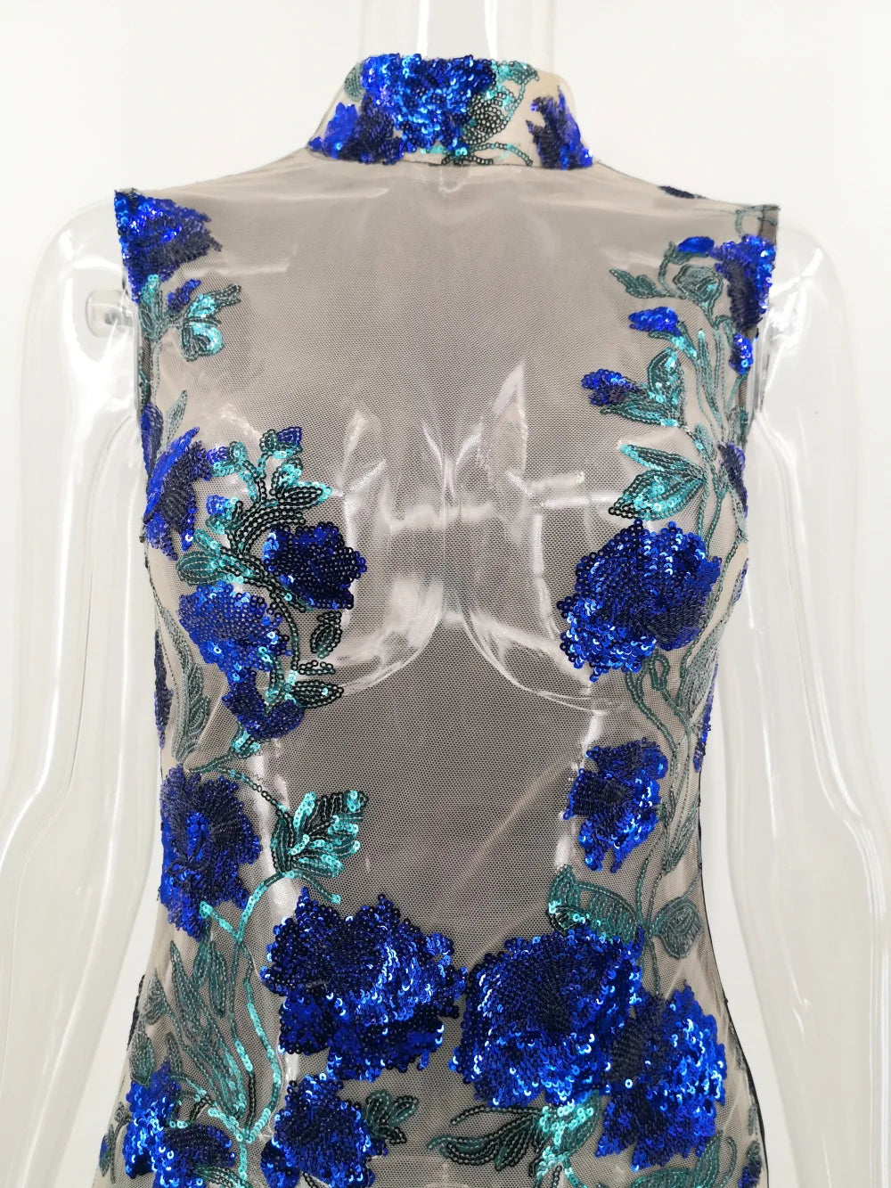 Iseult Sheer Mesh Floral Sequin Plunge Bodycon Mini Dress