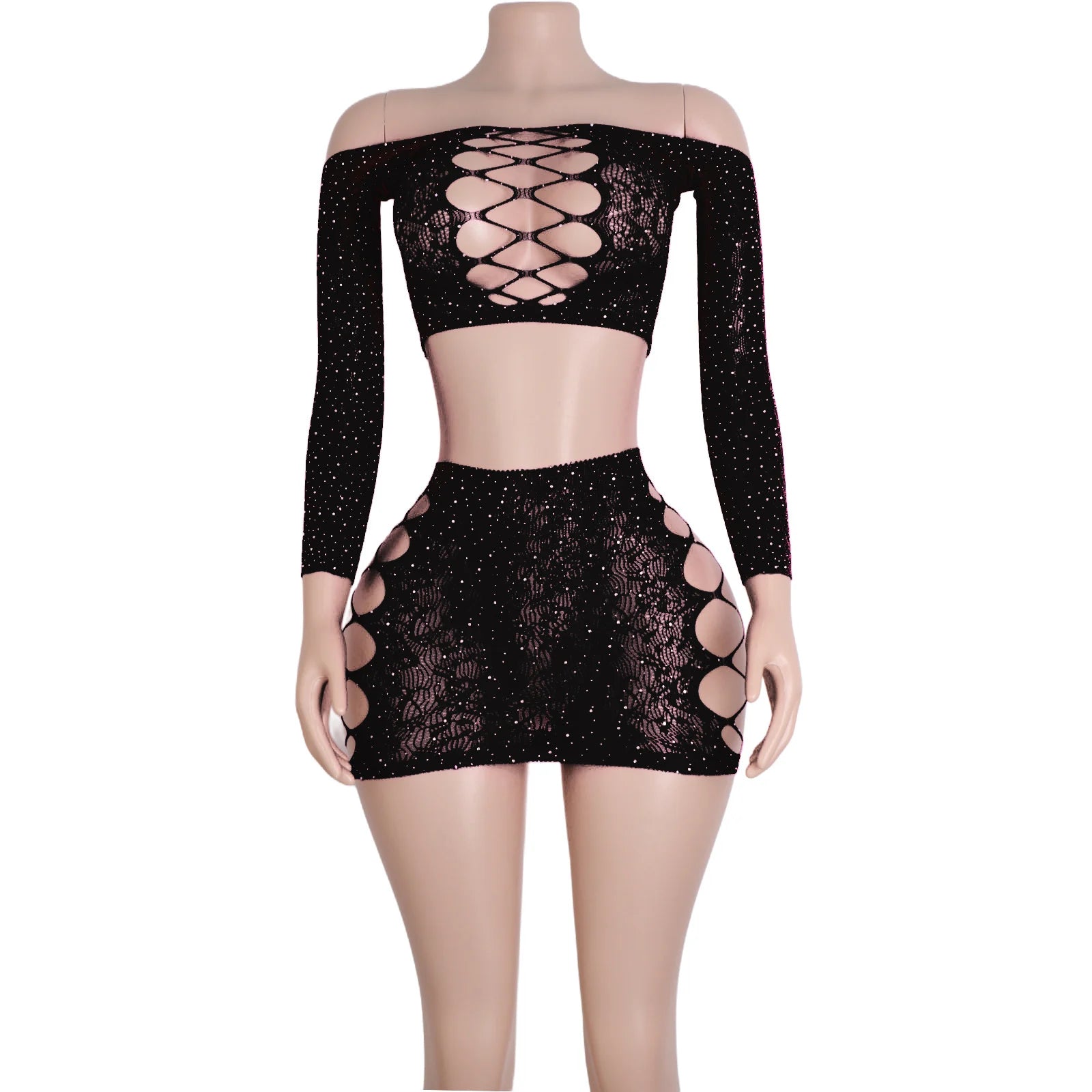 Velvet Eclipse Fishnet Rhinestone Lingerie Two-piece
