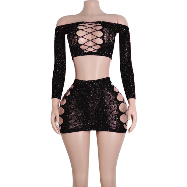 Velvet Eclipse Fishnet Rhinestone Lingerie Two-piece
