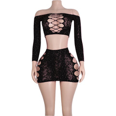 Velvet Eclipse Fishnet Rhinestone Lingerie Two-piece