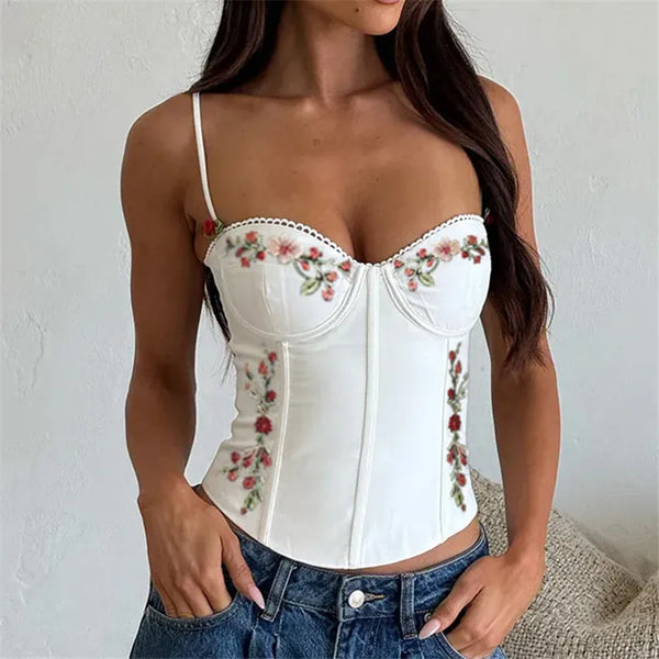 hirigin Floral Embroidered Corset Top Women Spaghetti Strap Scalloped Trim Bustier Crop Top Sexy Y2K Coquette Aesthetic Camisole