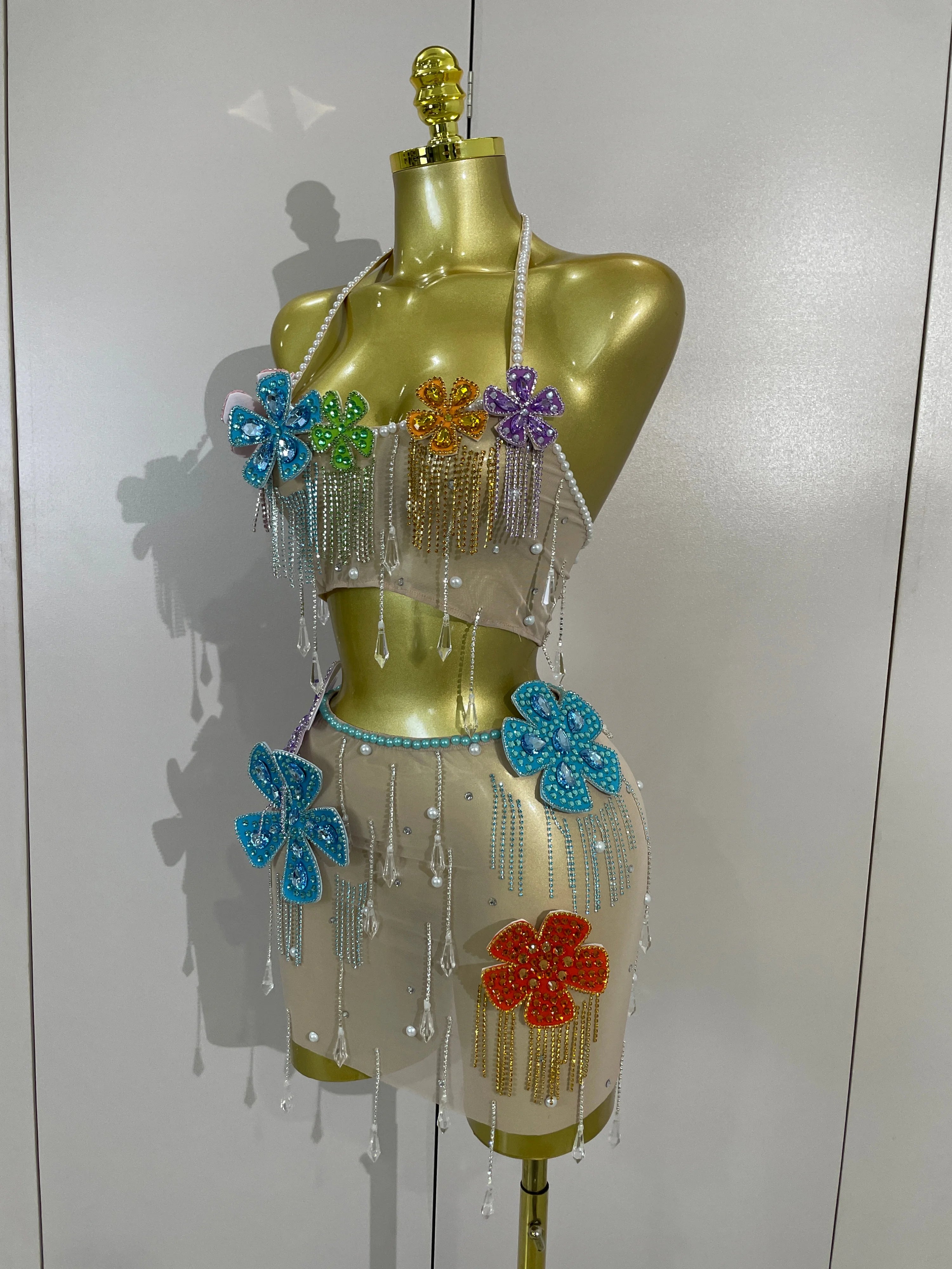 Sparkly Colorful Diamond Chain Pearl Transparent Top Mini Skirt Two Pieces Set Sexy Evening Party Birthday Photoshoot Stage Wear Secondary image