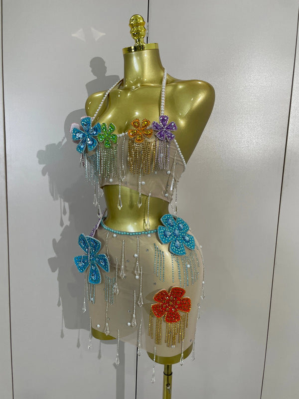 Esmeralda Crystal Fringe Flower Bra Top & Mini Skirt Two-piece