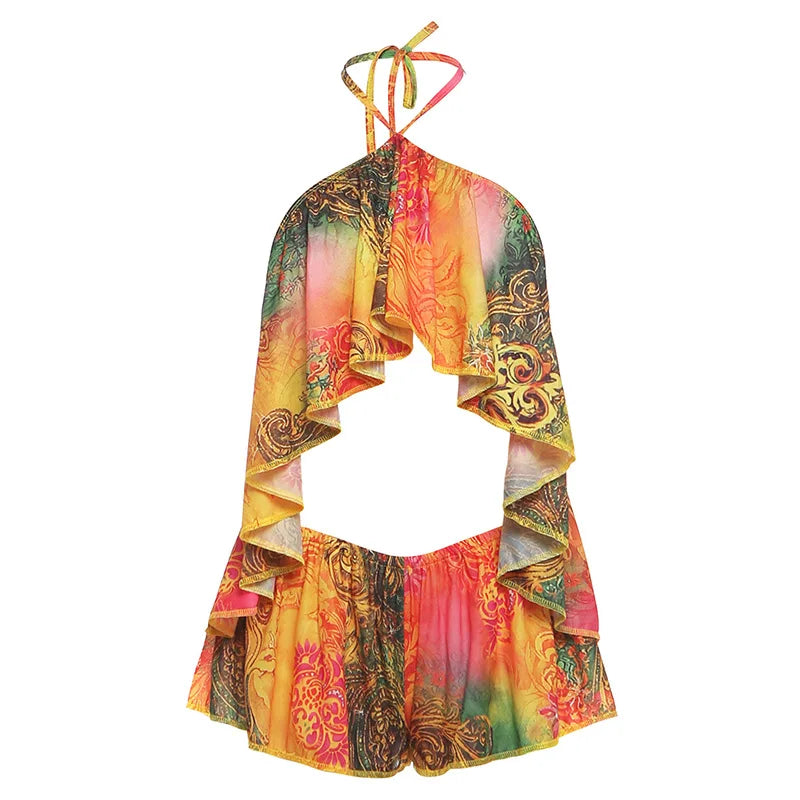 Ariella Chiffon Ruffle Halter Shorts Set Two-piece