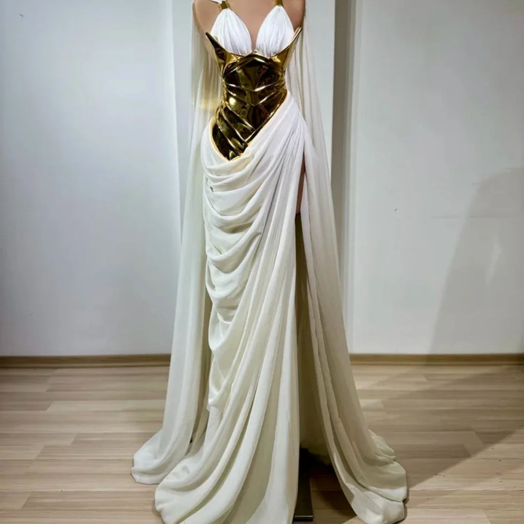 Vittoria Gold Metallic Halter Ruched Cape Maxi Dress