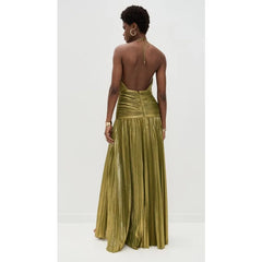 Alina Gold Pleated Halter Maxi Dress