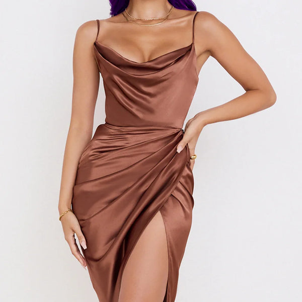 New Asia Ruched Satin Summer Dress Drawstring Spaghetti Straps Cowl Neck Backless Long Dresses for Women Party Sexy Vestidos