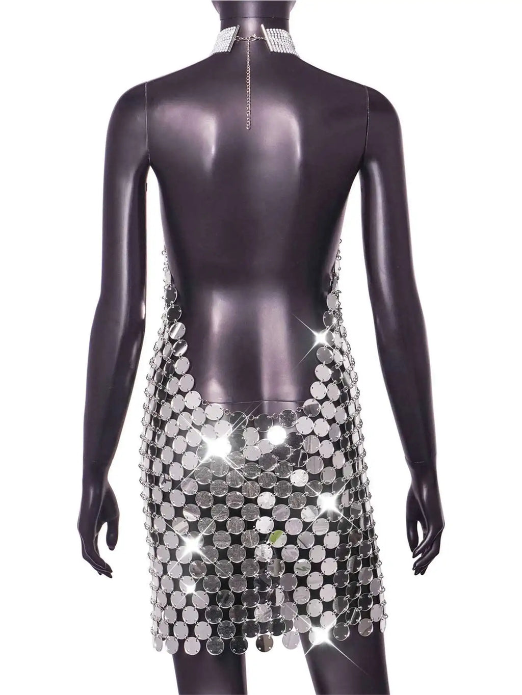 Romilda Silver Metal Sequin Rhinestone-Collar Halter Backless Lingerie Mini Dress