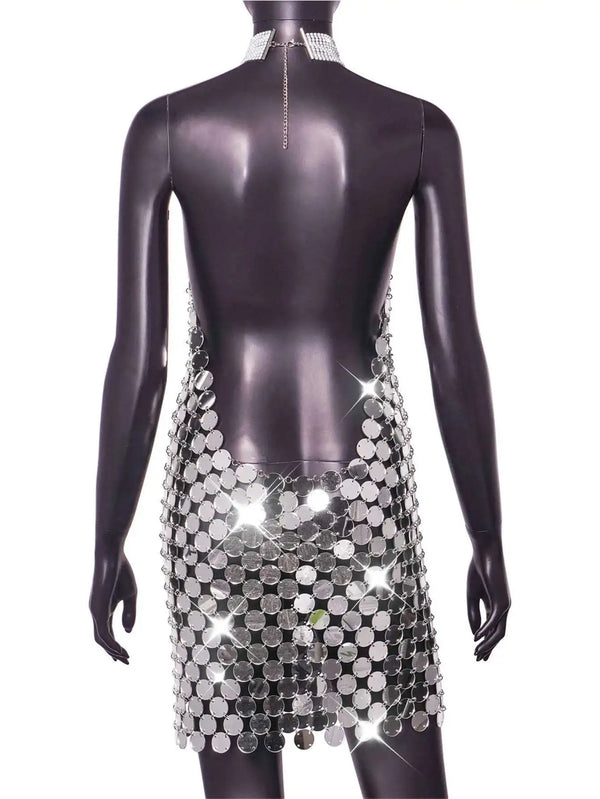 Romilda Silver Metal Sequin Rhinestone-Collar Halter Backless Lingerie Mini Dress